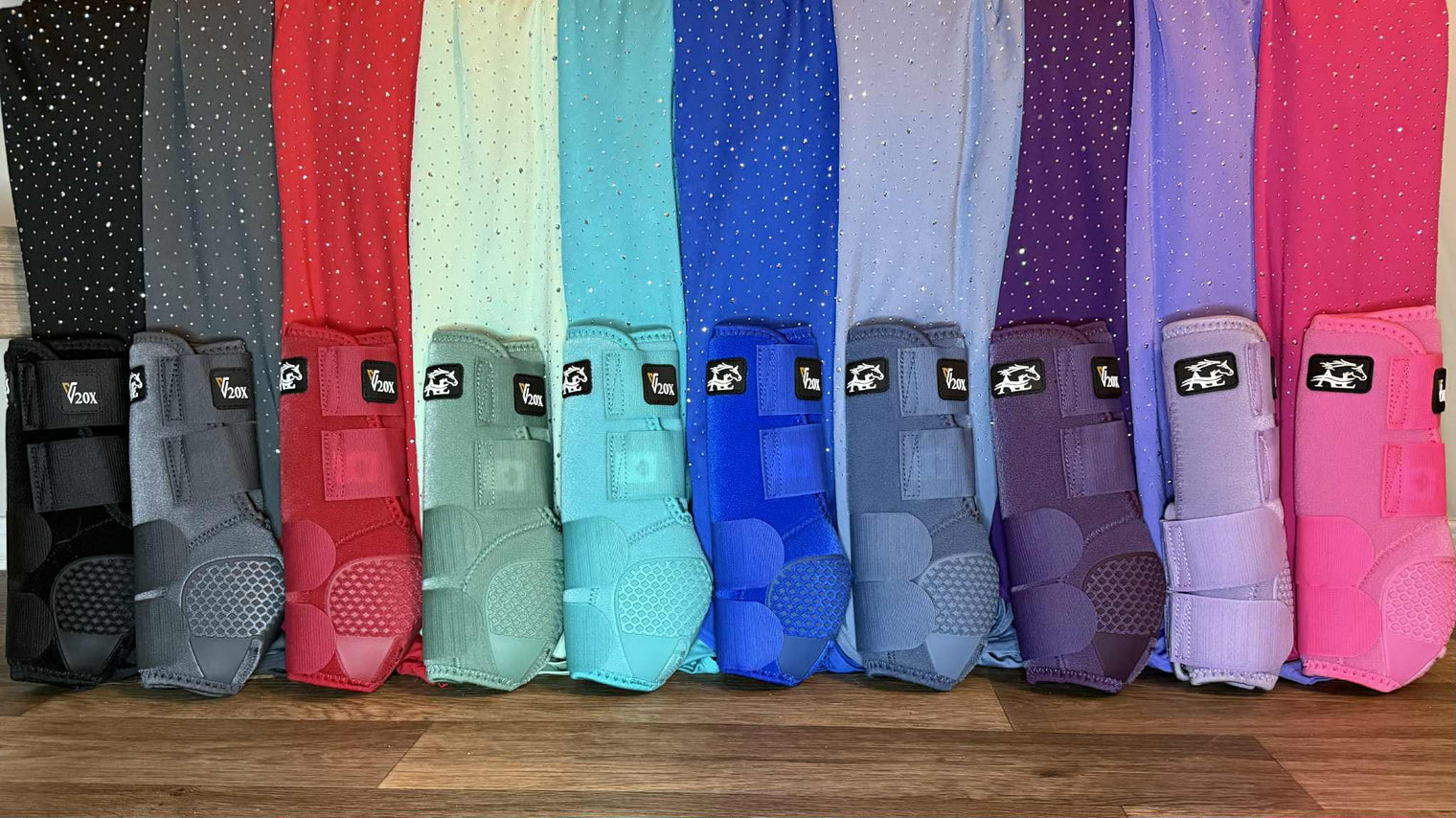 Alliance Equine V20x horse boots and bell boots in multiple colors designed to match rhinestone bodysuits