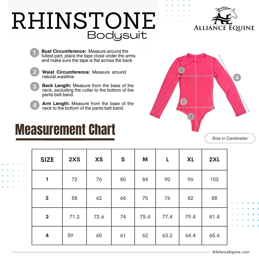 Measurement chart for a rhinestone bodysuit with Alliance Equine branding