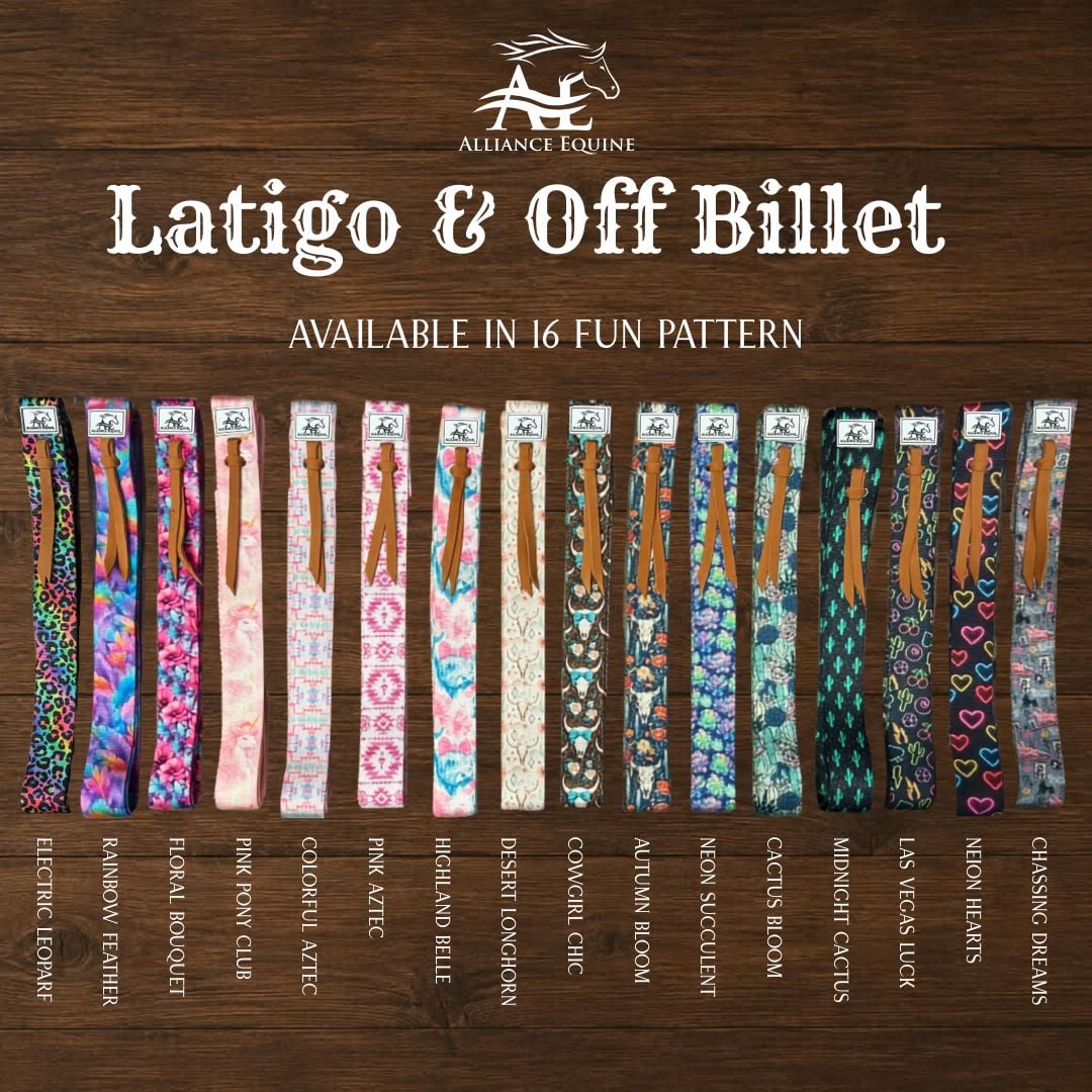 Alliance Equine Latigo & Off Billet patterns, showing 16 different patterned leather wraps arranged in a row on a dark wood background with white text.
