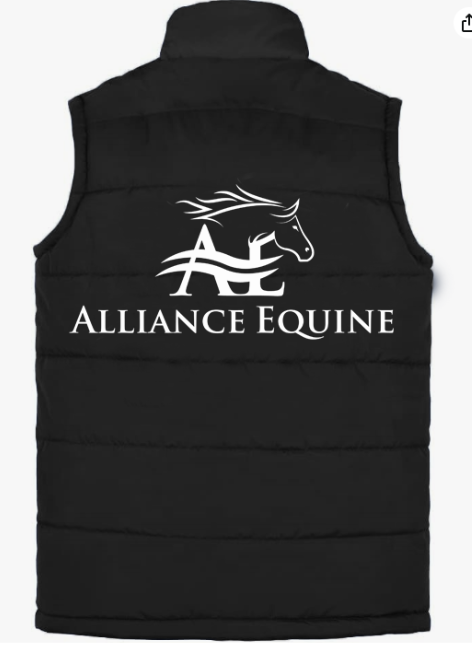 Mens black puffer vest with Alliance Equine back logo for riding and barn use