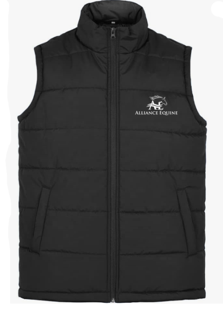 Mens black puffer vest with Alliance Equine logo for riding and barn wear.