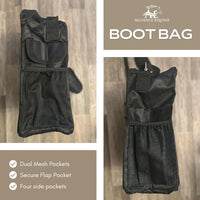 Alliance Equine boot bag with dual mesh pockets and secure flap pocket for storing horse boots and accessories